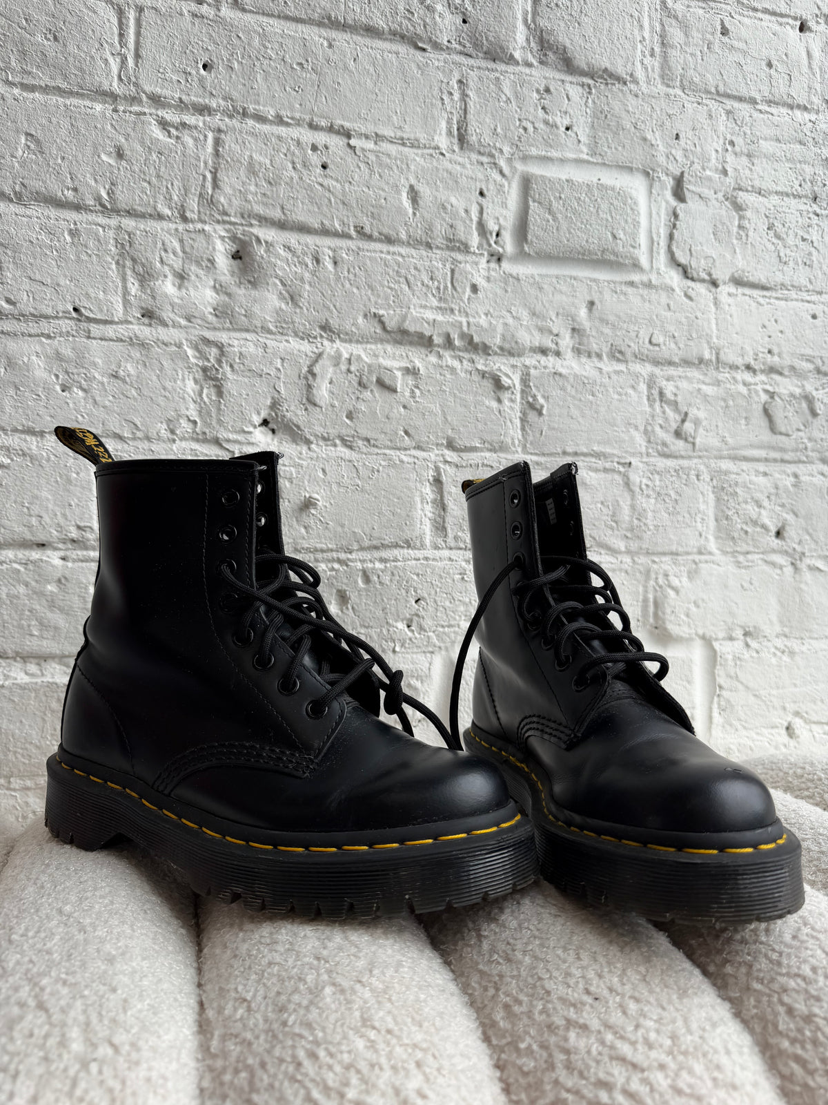Dr. Martens Black Leather Boots with Yellow Accents (Size UK 4)