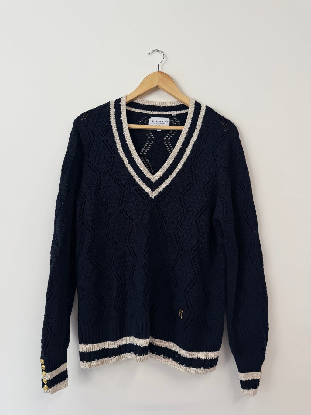 Holland Cooper Navy & Cream Accent Knitted V-Neck Jumper (Size UK L)