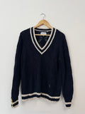 Holland Cooper Navy & Cream Accent Knitted V-Neck Jumper (Size UK L)