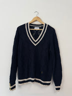 Holland Cooper Navy & Cream Accent Knitted V-Neck Jumper (Size UK L)