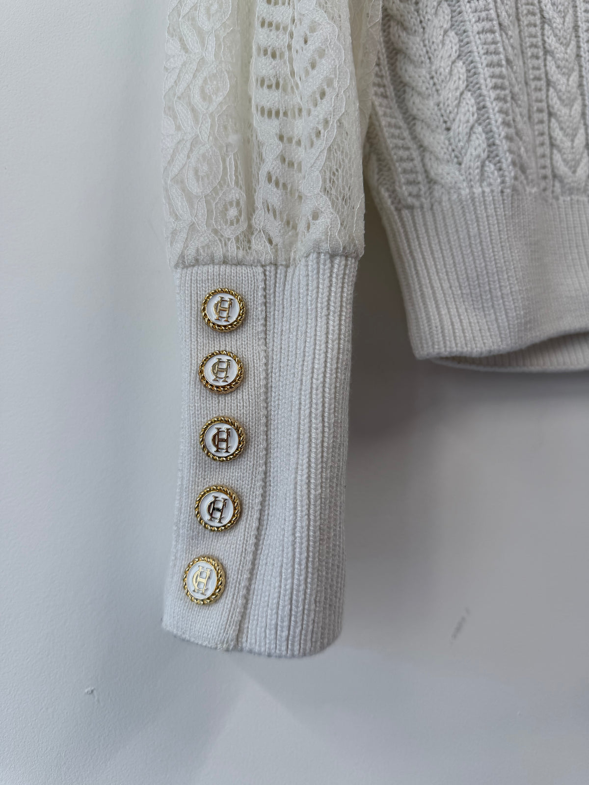 Holland Cooper Cream Knitted Jumper With Lace Sleeves (Size UK L)