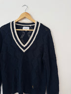 Holland Cooper Navy & Cream Accent Knitted V-Neck Jumper (Size UK L)