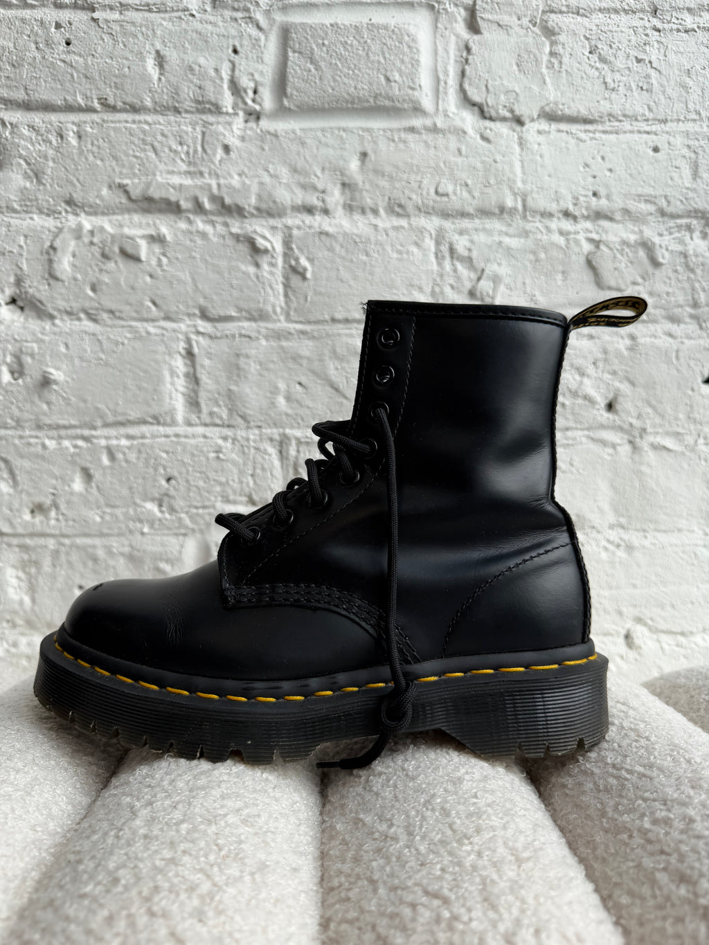 Dr. Martens Black Leather Boots with Yellow Accents (Size UK 4)