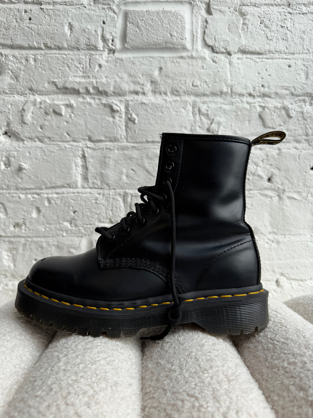 Dr. Martens Black Leather Boots with Yellow Accents (Size UK 4)