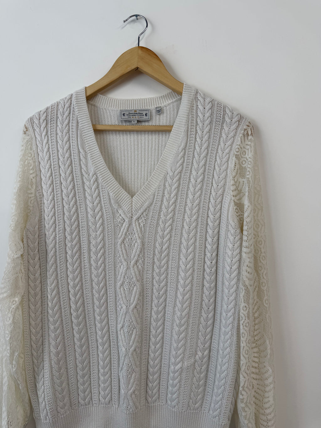 Holland Cooper Cream Knitted Jumper With Lace Sleeves (Size UK L)
