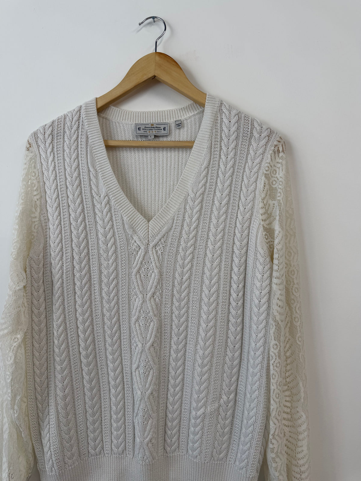 Holland Cooper Cream Knitted Jumper With Lace Sleeves (Size UK L)