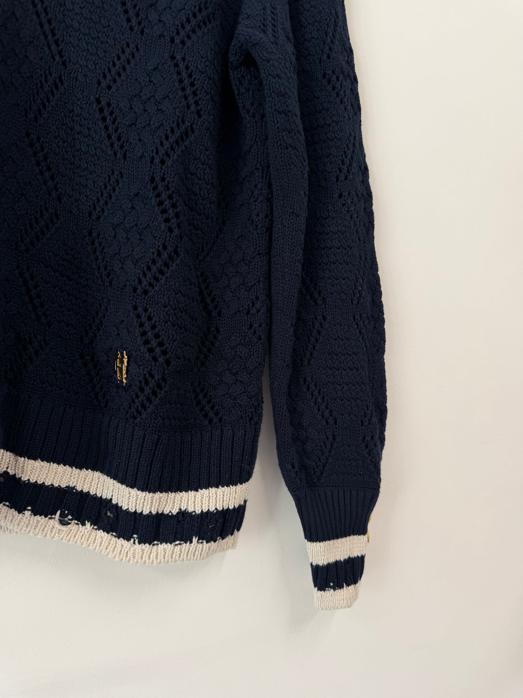 Holland Cooper Navy & Cream Accent Knitted V-Neck Jumper (Size UK L)