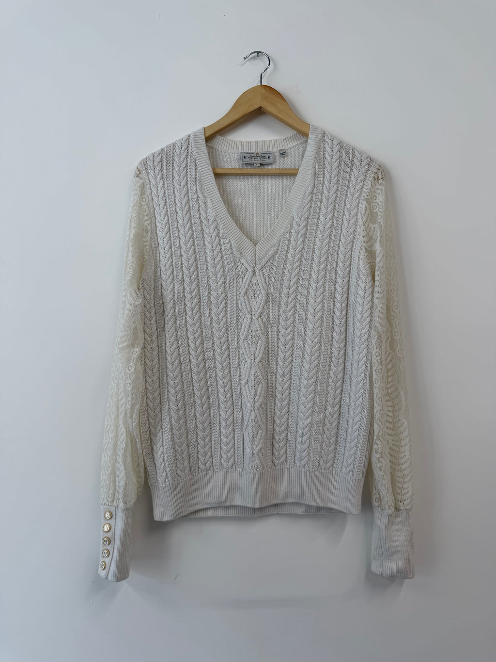 Holland Cooper Cream Knitted Jumper With Lace Sleeves (Size UK L)