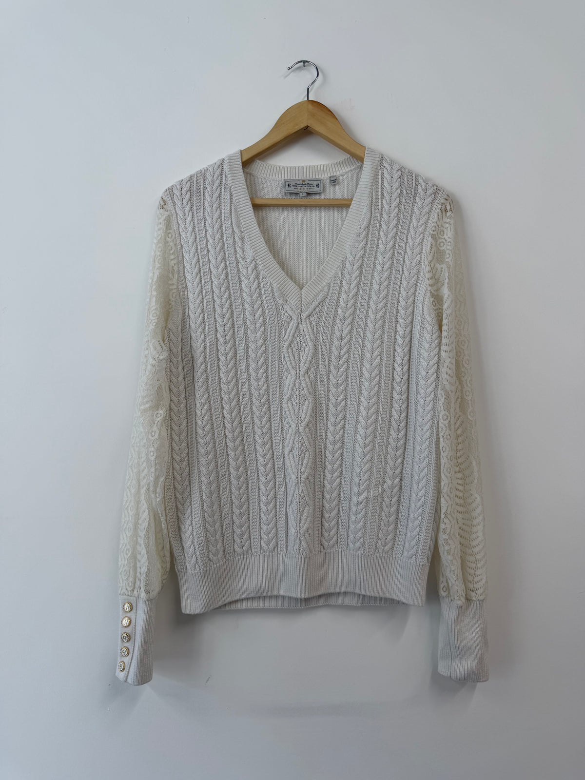 Holland Cooper Cream Knitted Jumper With Lace Sleeves (Size UK L)