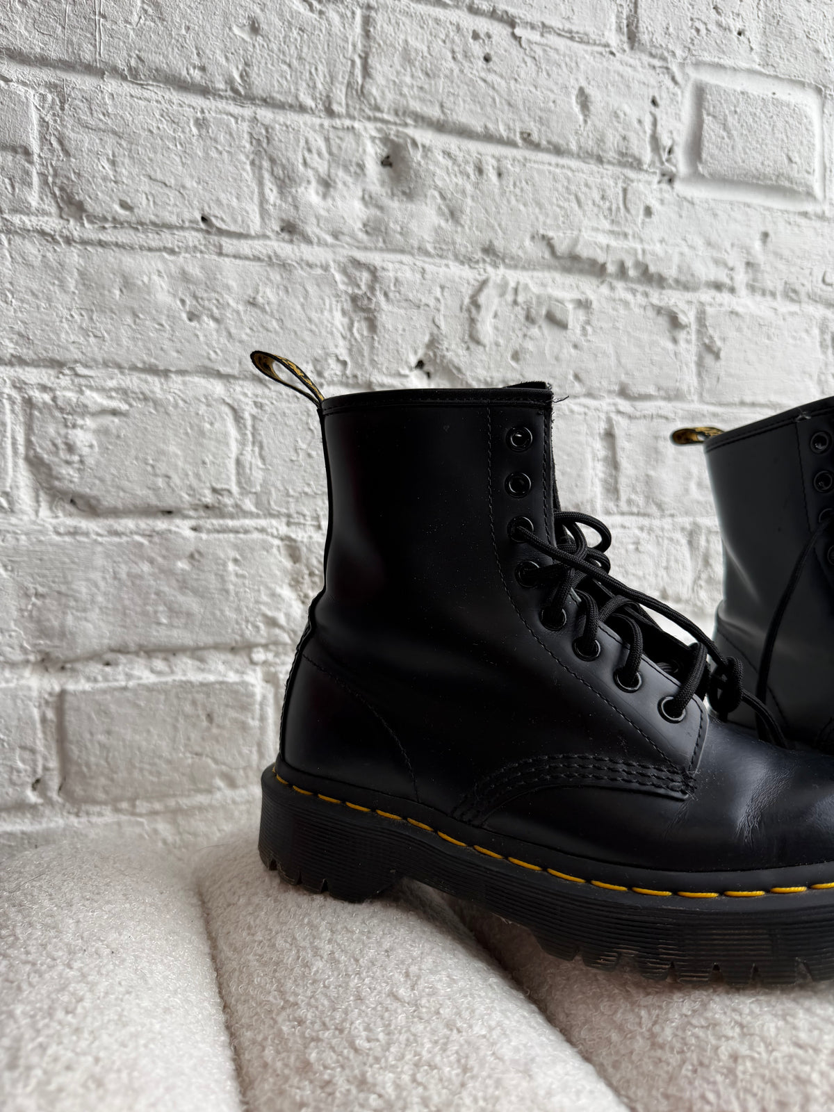 Dr. Martens Black Leather Boots with Yellow Accents (Size UK 4)