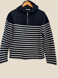 Zara Navy & White Striped Quarter Zip Hooded Jumper UK M