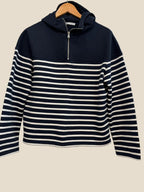 Zara Navy & White Striped Quarter Zip Hooded Jumper UK M