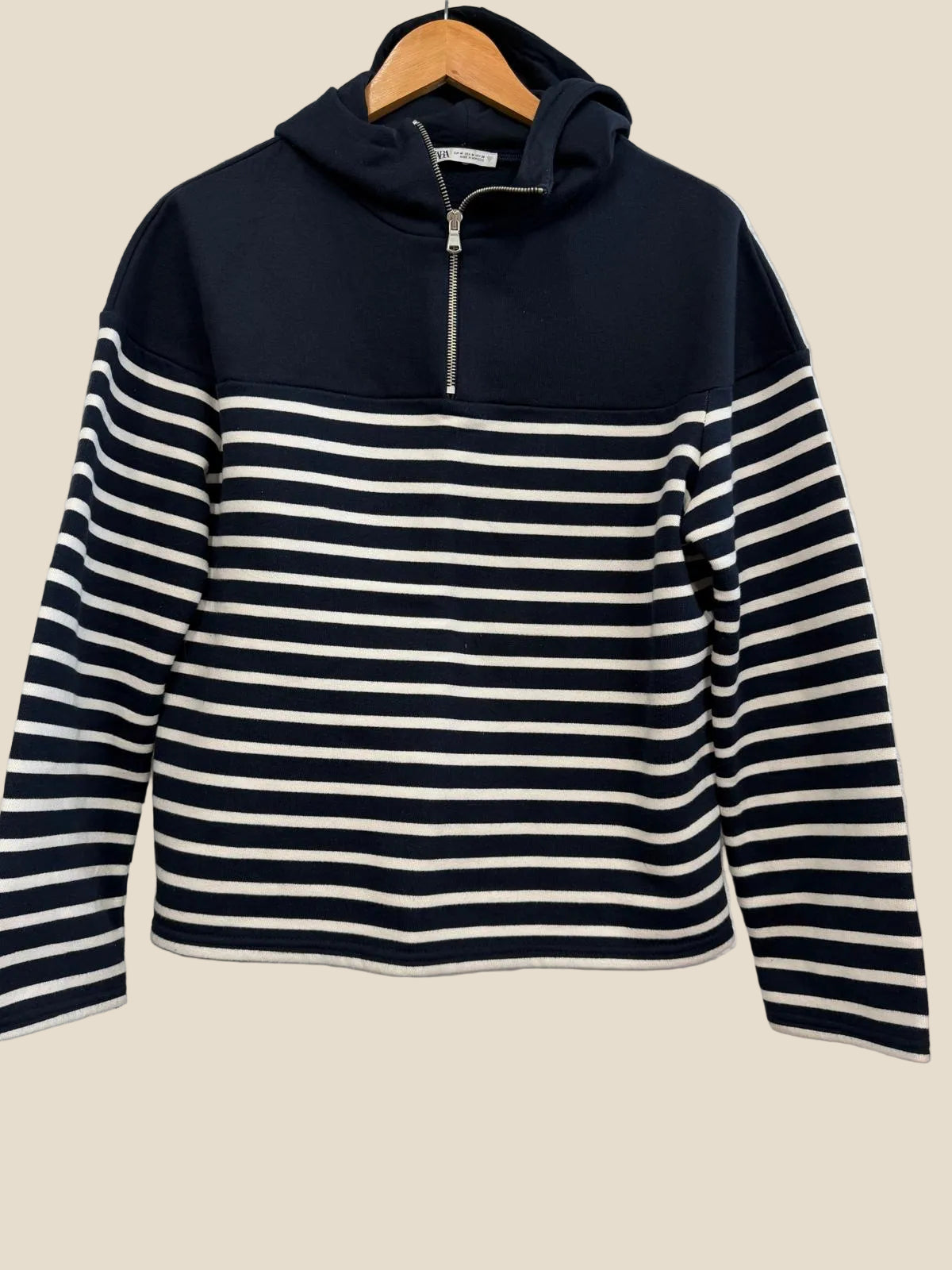 Zara Navy & White Striped Quarter Zip Hooded Jumper UK M