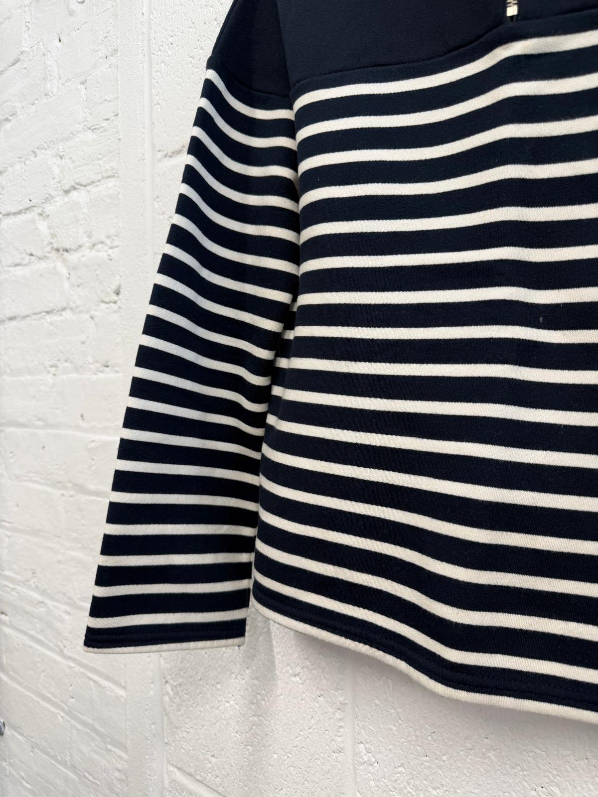Zara Navy & White Striped Quarter Zip Hooded Jumper UK M