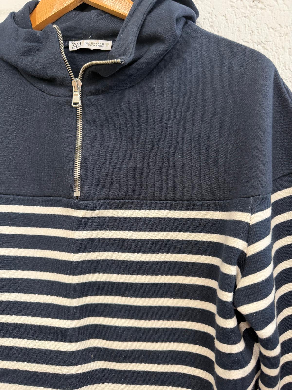 Zara Navy & White Striped Quarter Zip Hooded Jumper UK M